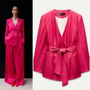 Zara Wrinkle Effect Belted Blazer Jacket